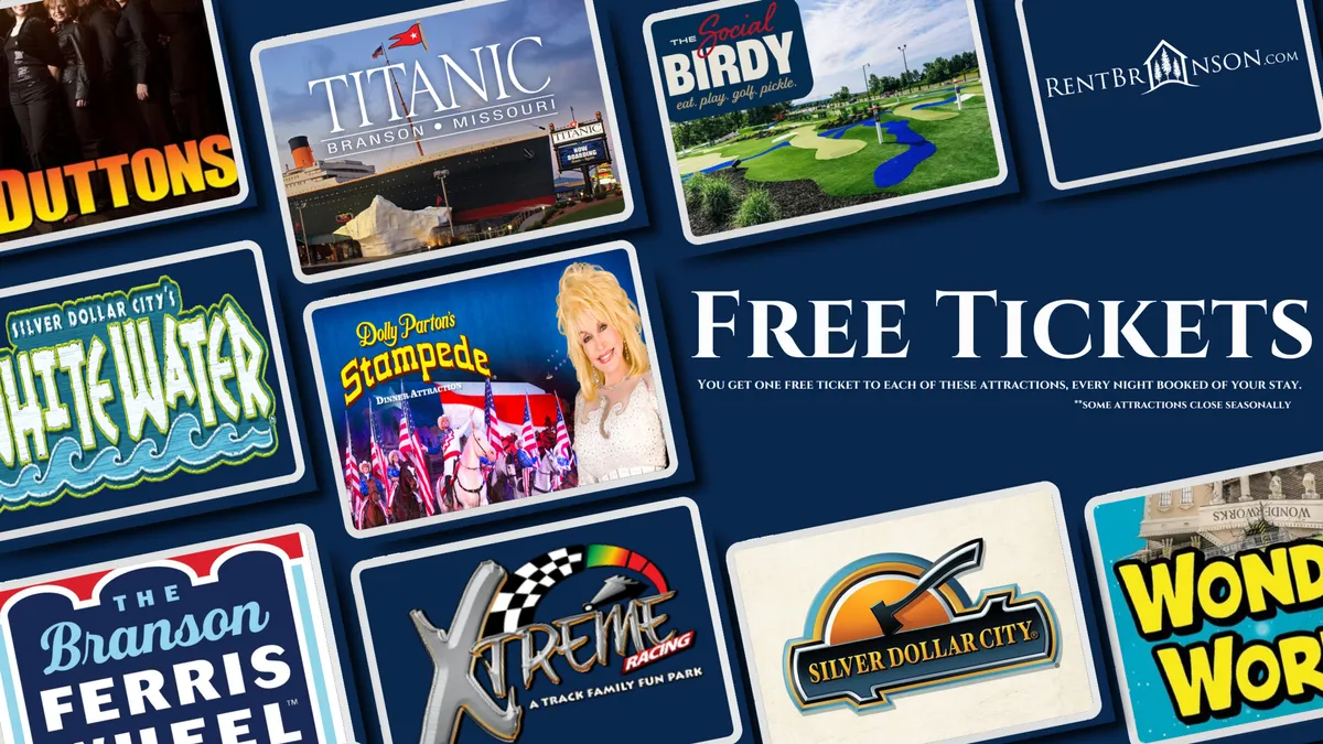 This image displays a collection of attraction tickets and promotional materials, evoking the excitement of exploring Branson’s entertainment options. The tickets hint at famous shows, amusement parks, and local culture—a direct nod to the adventures and activities mentioned in the section.